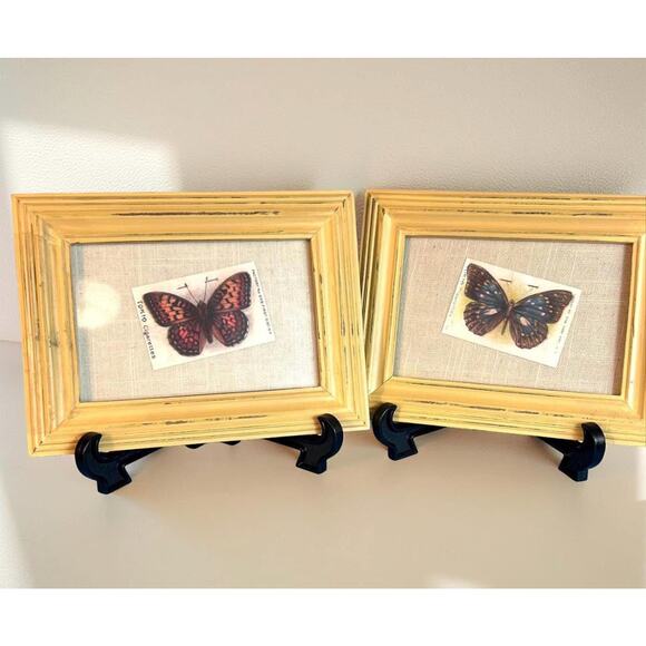 Set of 2 Framed Colorful Butterfly Silk Tobacco Cards by Tokio~Wood Frames~Glass